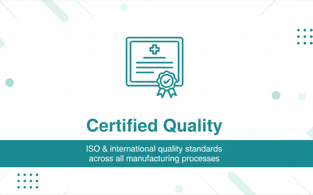 ISO Certified Quality icon for surgical manufacturing with teal and white theme