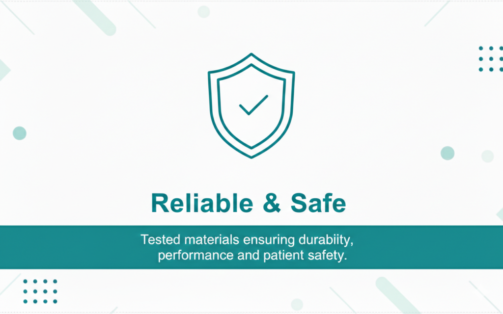 A surgical B2B website graphic featuring a shield icon and the title "Reliable & Safe," focusing on healthcare material quality and safety standards.