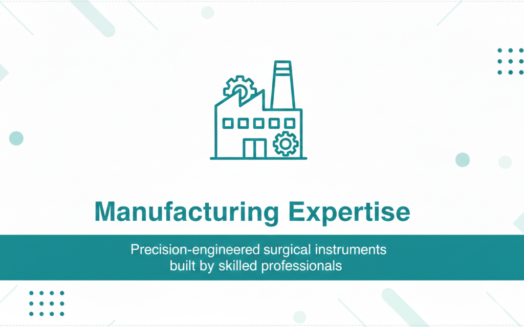 Surgical instrument manufacturing expertise icon with teal factory graphic and B2B medical theme