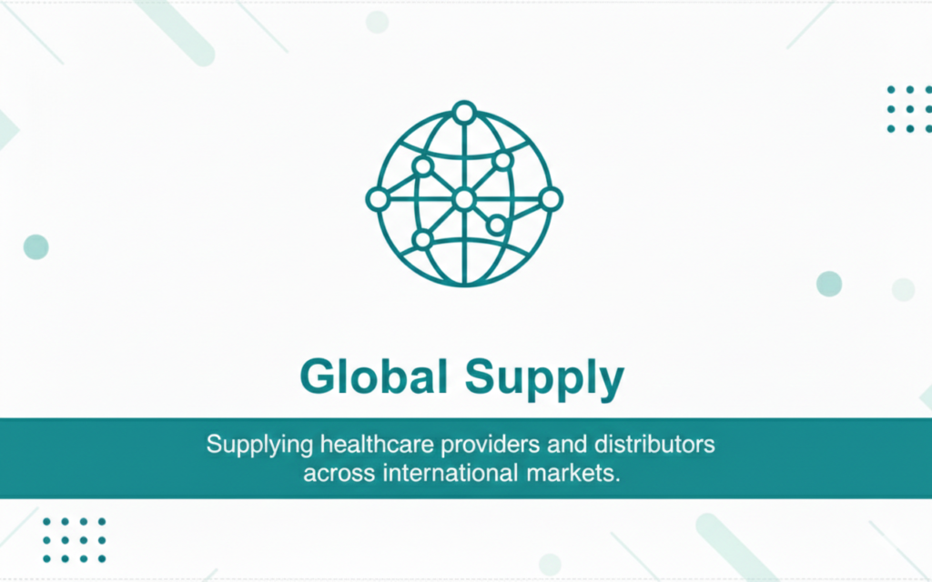 A medical B2B banner with a globe icon and the text "Global Supply," representing international healthcare distribution in teal and white.